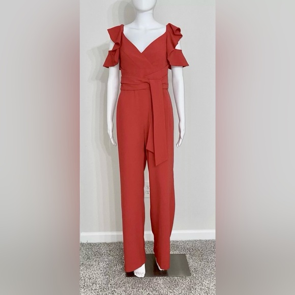 NWT Halston Heritage Women Cold Shoulder Ruffled V-Neck Red Jumpsuit MSRP $ 445 - Picture 2 of 7